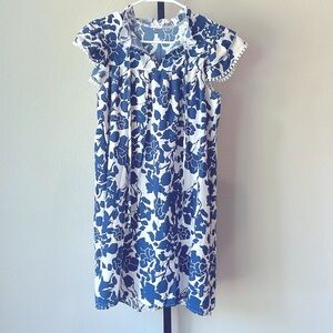 NWT Blue & White floral dress with Double Flutter Sleeves and Ruffle Collar.